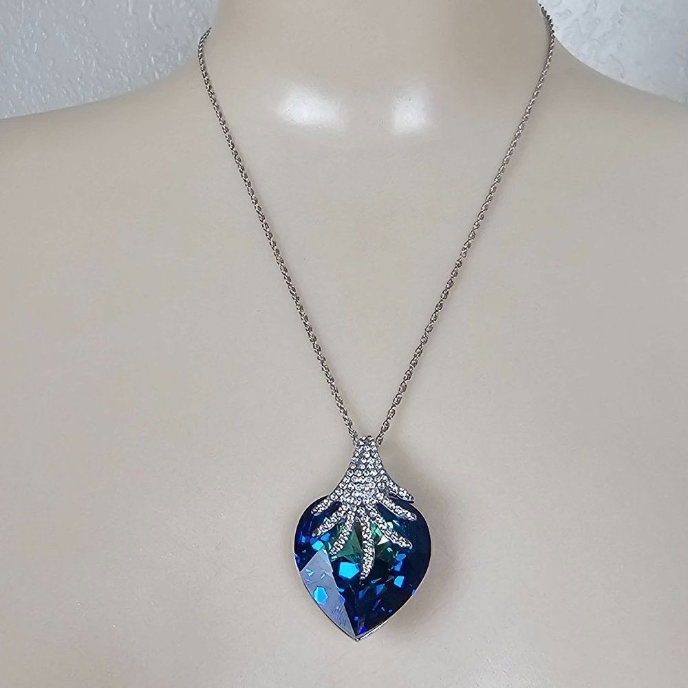 Blue Clear Heart Big Crystal Glass Pendant Silver‎ Tone Statement Chain Necklace